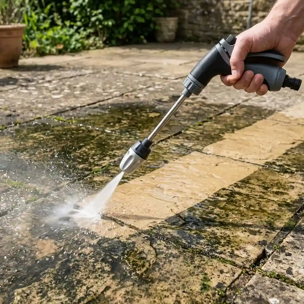 Buse Jetterix nettoie une terrasse couverte de mousse — le jet élimine mousse et saleté instantanément