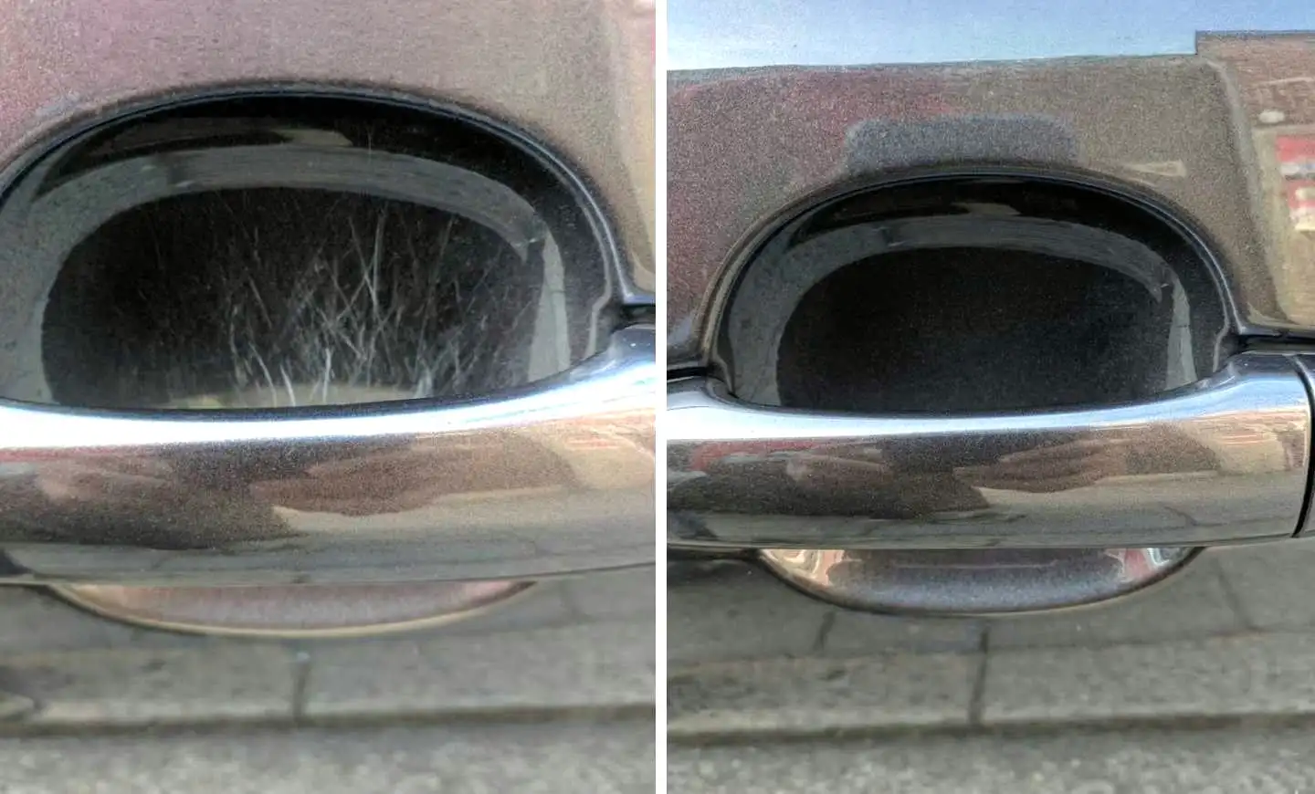 Le chiffon nano NanoPolix élimine une rayure de clé sur la peinture d'une voiture – surface endommagée visiblement restaurée